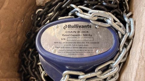 Bullivants 500kg Chain Block Manual Hoist 6m Chain 5x15 Grade 80 With Test Cert